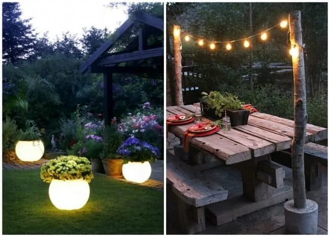 jardim com varal de luz e luminárias diferentes