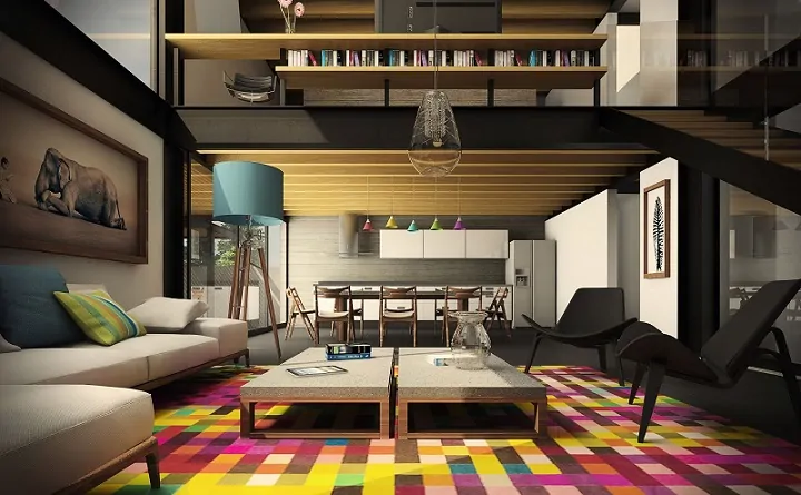 loft moderno com tapete estampado colorido