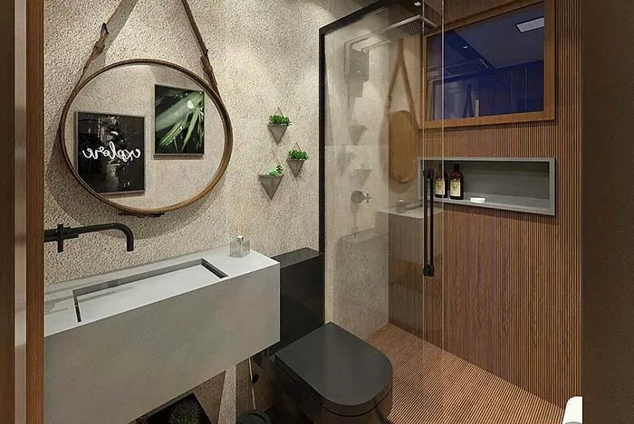 projeto de banheiro moderno cinza madeira e vaso preto