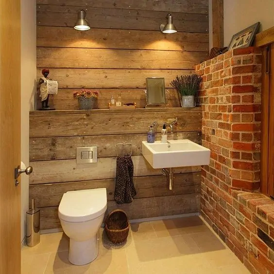 Ideias de decoração para banheiro de fazenda (rústico com madeira e tijolo aparente)