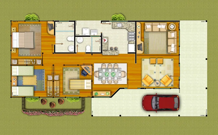 casa de 3 quartos com sala grande de 3 ambientes