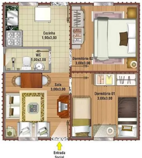 Projeto de casa muito pequena com 2 quartos