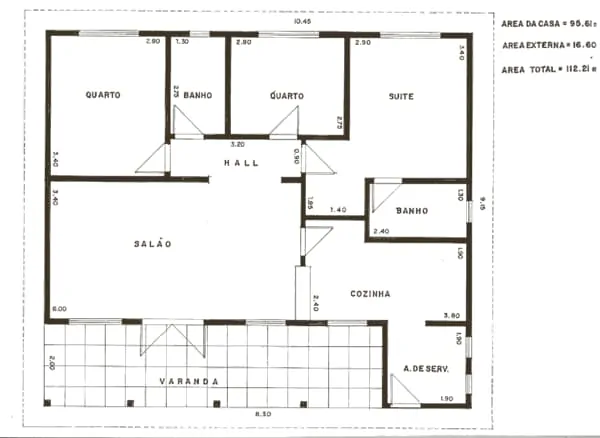 Projeto de casa grande com 3 quartos e 2 banheiros, sala, cozinha e área de serviço